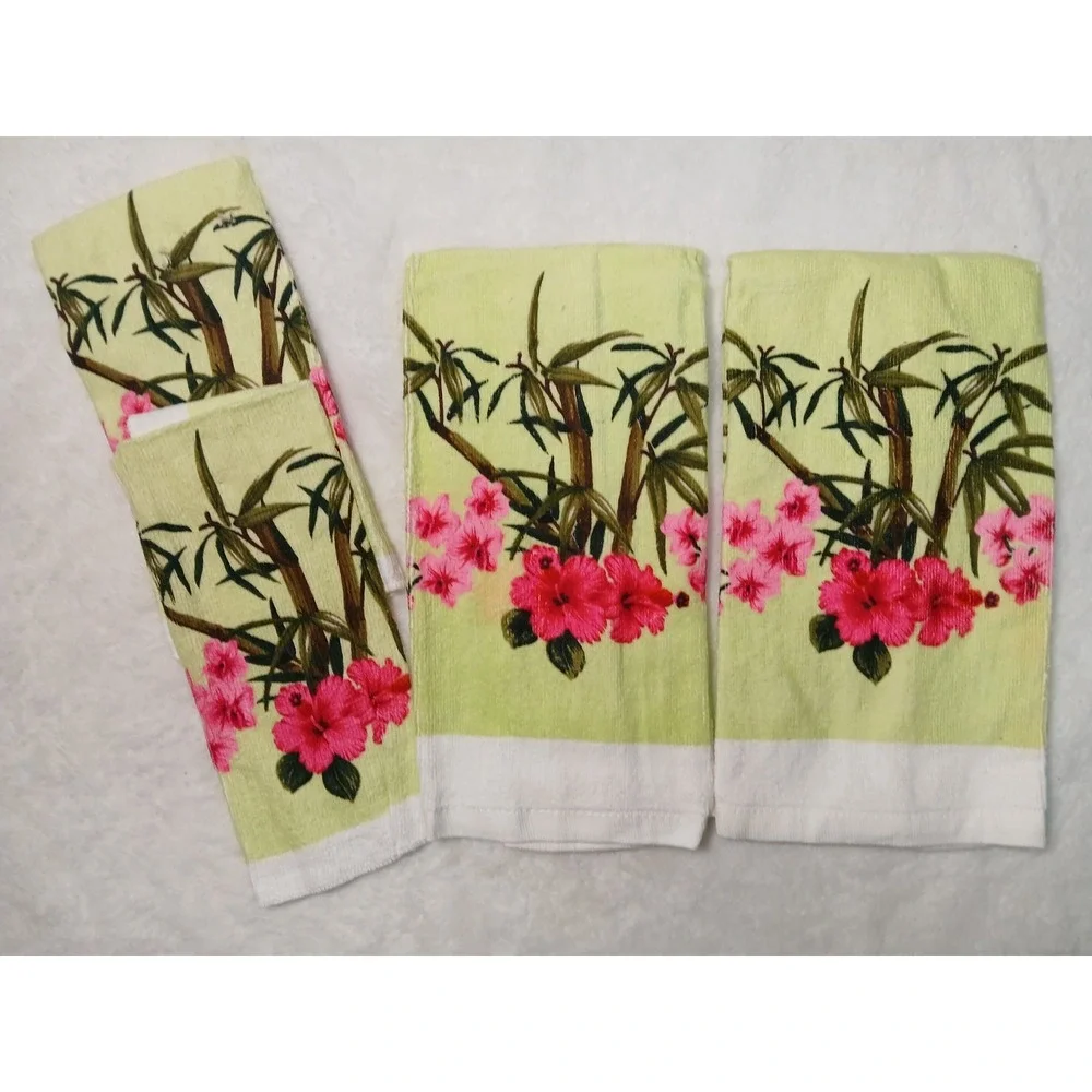 Retro Style 4-Piece Kitchen Cotton Set Pink Hibiscus Floral & Bamboo Print Rare